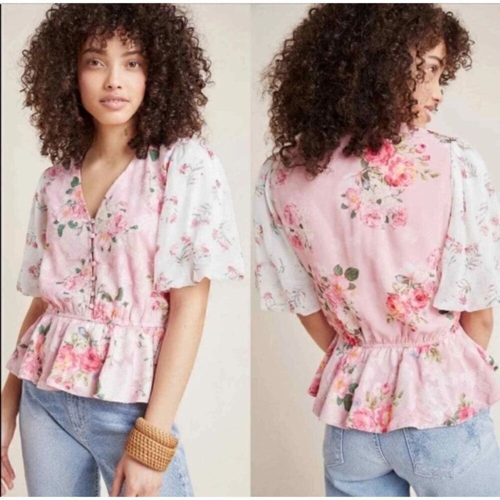 Hemant & Nandita Anthropologie Blouse Rose Garden Size XL Floral Romantic Cottag